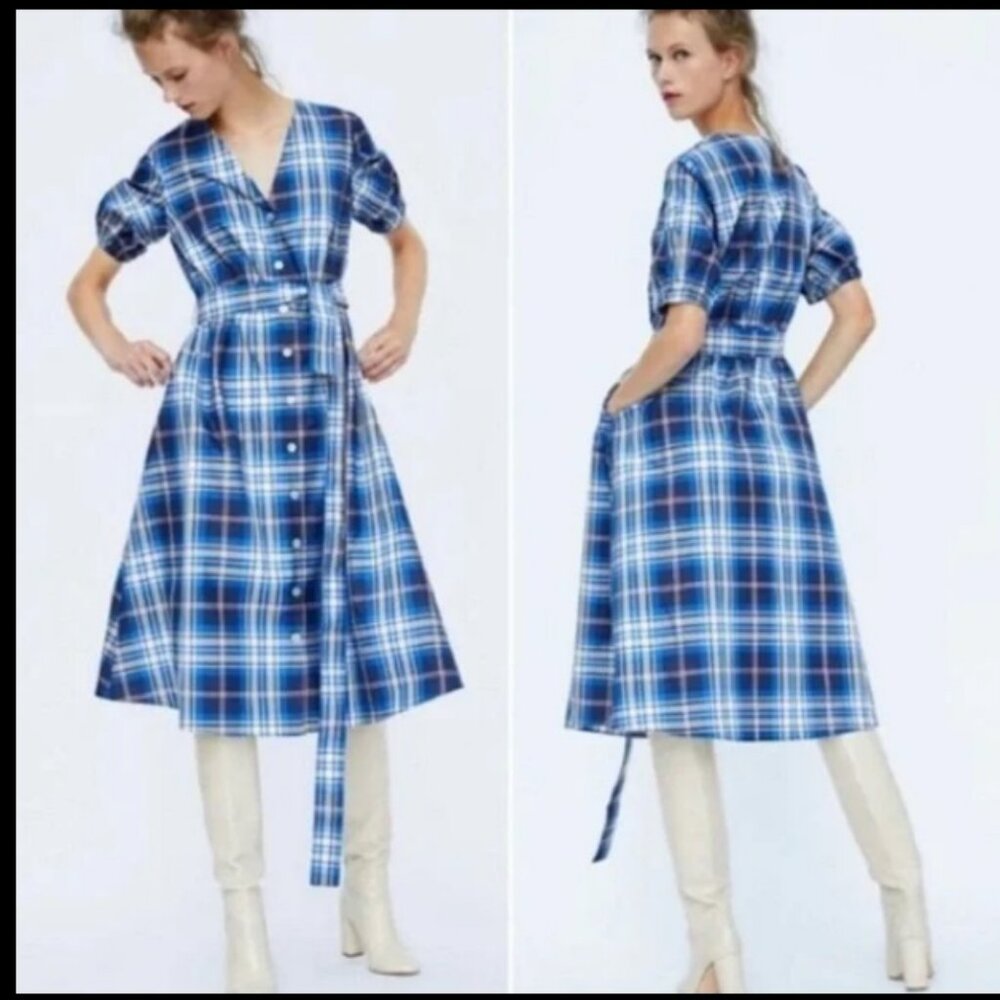 Zara Blue Plaid Button Down Midi Dress Sz S